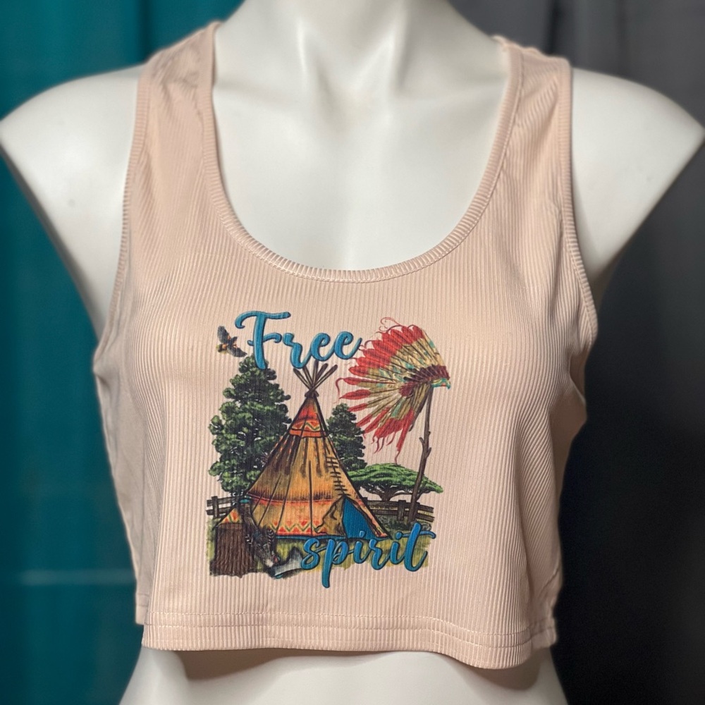 Beige Free Spirit Graphic Crop Top